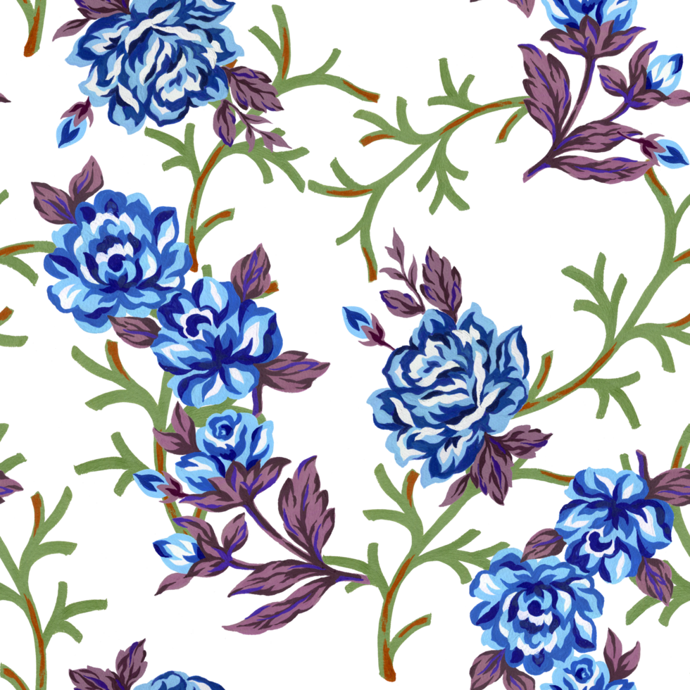 Cute flower rose gouache plants retro seamless pattern png