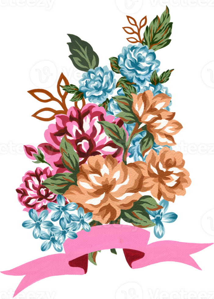 acuarela Clásico floral composición rosado rojo azul naranja marrón y hojas ramo de flores flores y plumas aislado para saludo tarjeta nupcial fiesta png