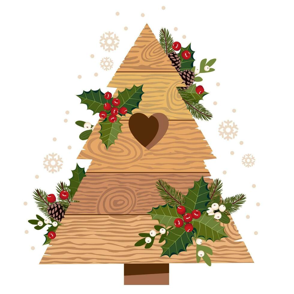 Wooden Christmas tree decorated with holly, mistletoe, spruce branches. Wooden decorative Christmas tree with texture. Wooden planks in shape of pine. Illustrated vector clipart.