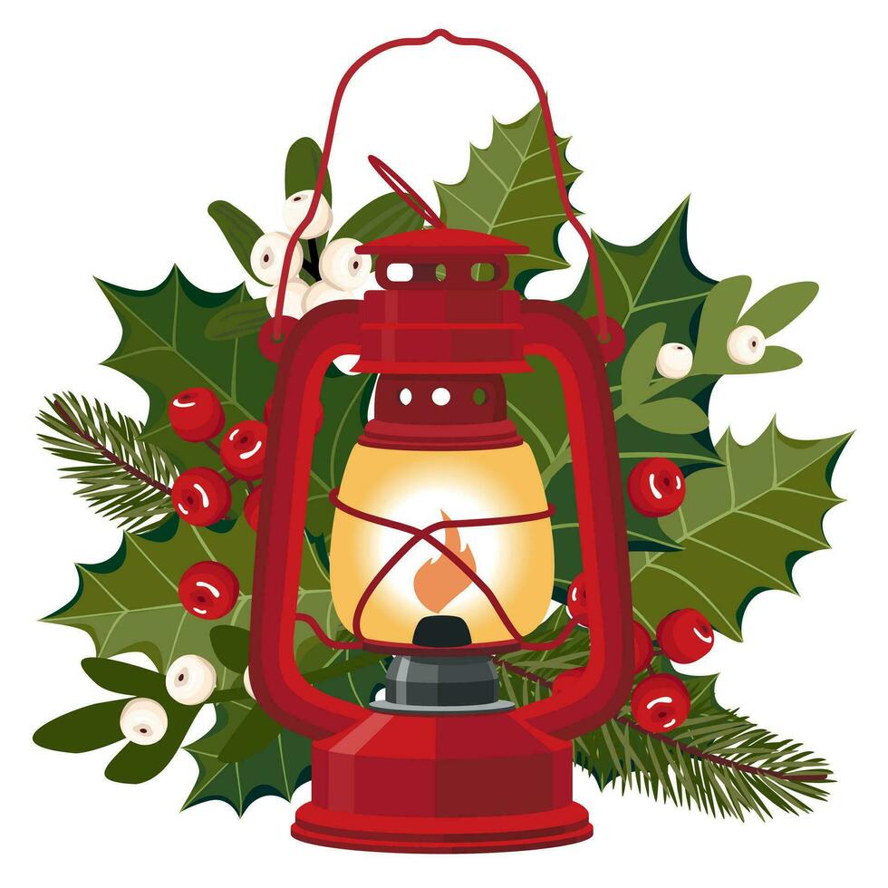 Red vintage lantern with mistletoe and holly decoration. Nautical lamp with wick and Christmas decoration. Illustrated vector clipart.