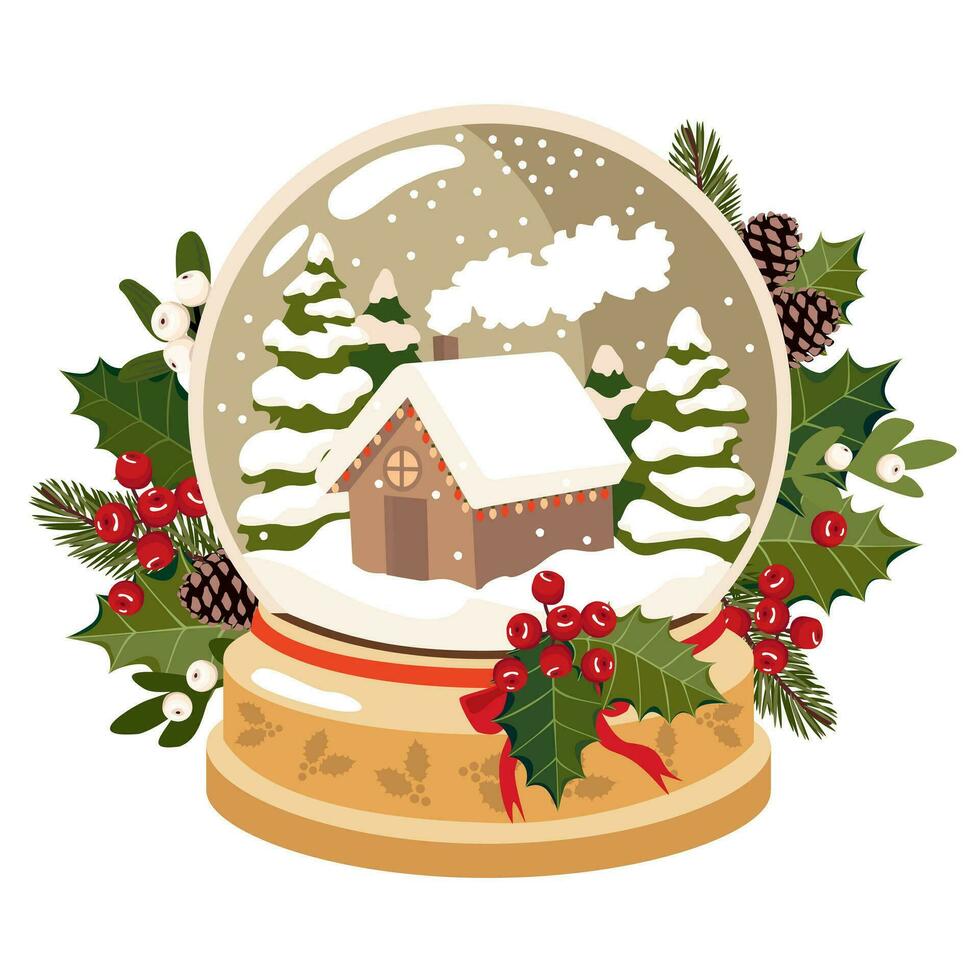 Christmas snow globe decorated with holly, mistletoe, spruce branches. A festive snow globe with a winter Christmas landscape. Illustrated vector clipart.