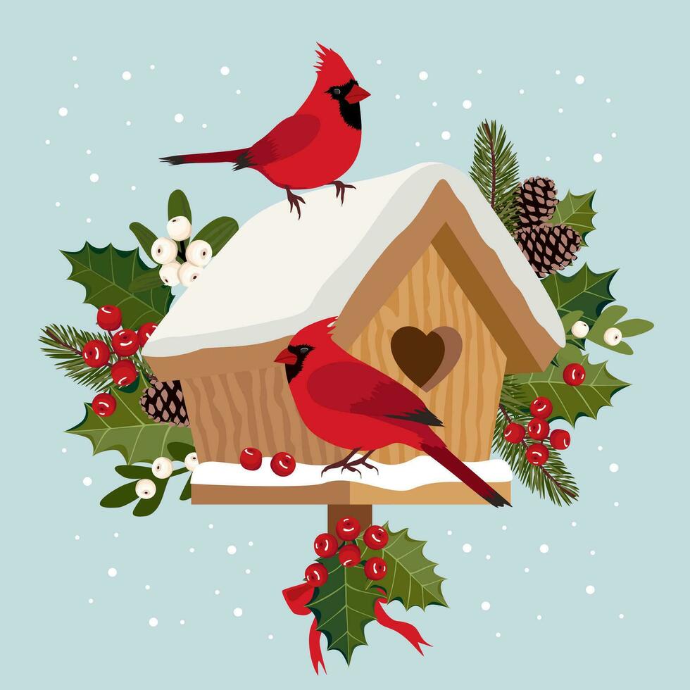 Red crested birds on a wooden birdhouse with snow. Red cardinal birds on a holly branch. Birdhouse with birds with Christmas decorations made of holly, mistletoe, spruce branches. Illustrated vector. vector