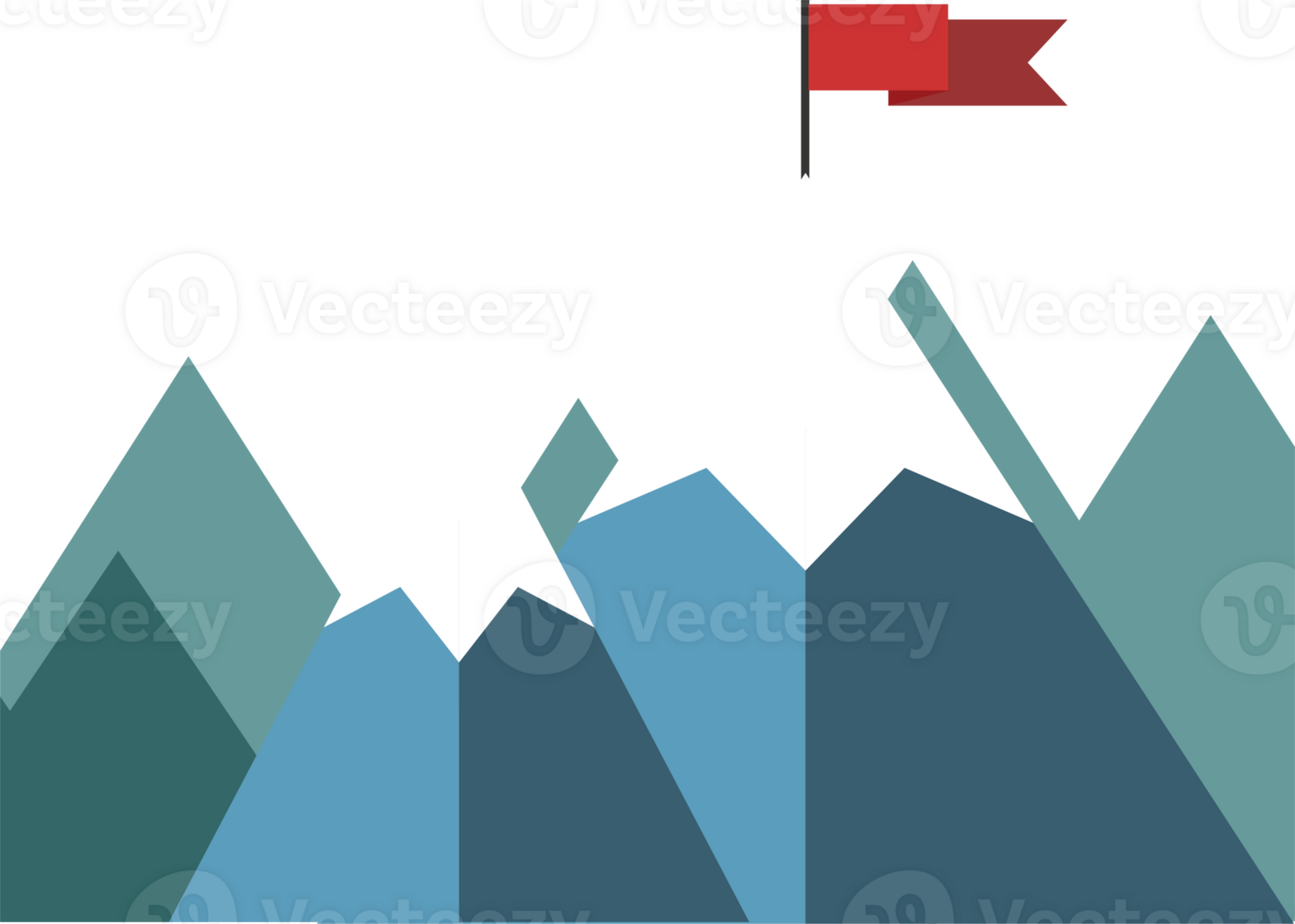 Red flag on mountain peak. Success concept illustration. Transparent background png