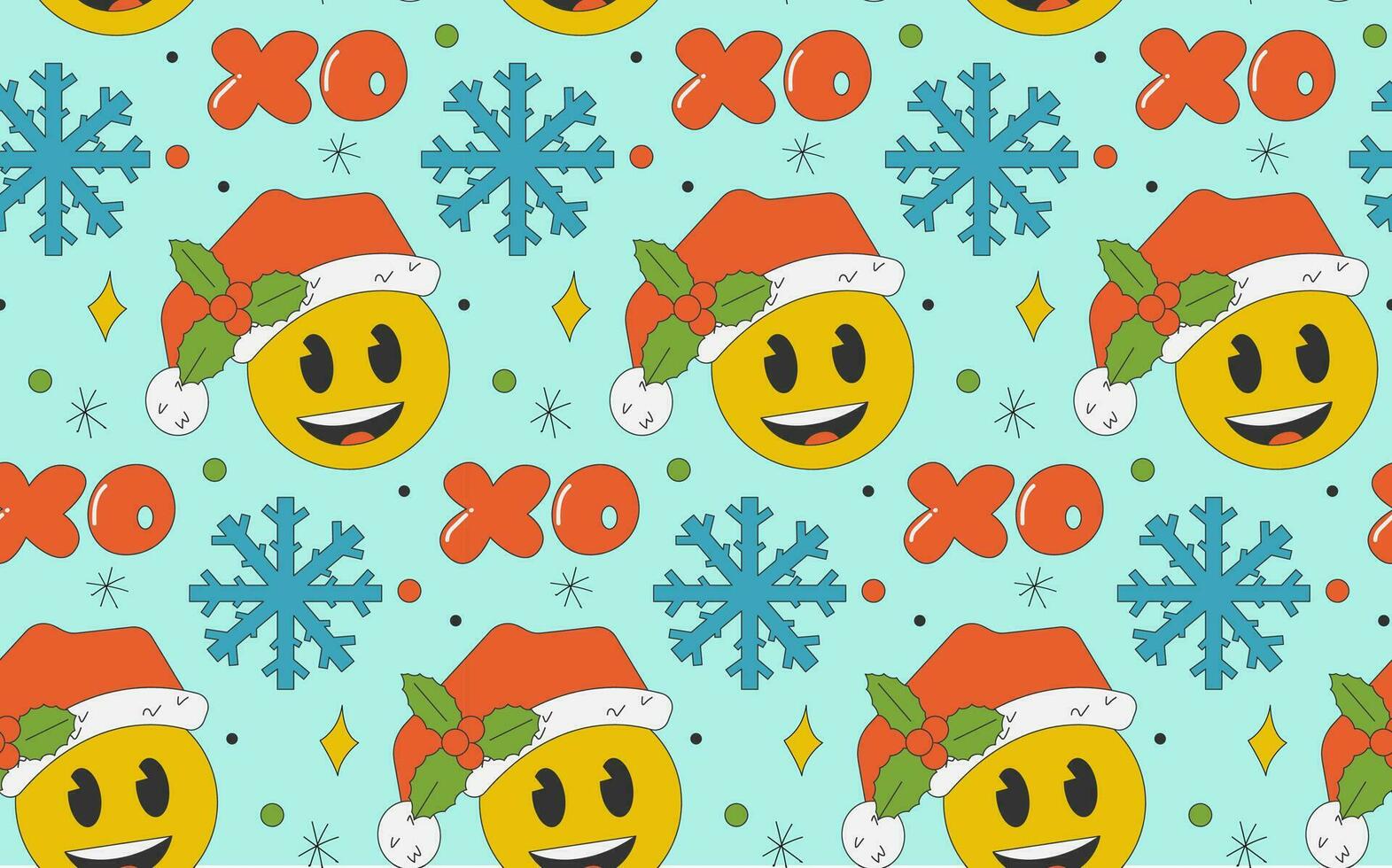 Groovy retro pattern with xmas emoticon and snowflake on blue background. Christmas seamless with happy face. Vector illustration