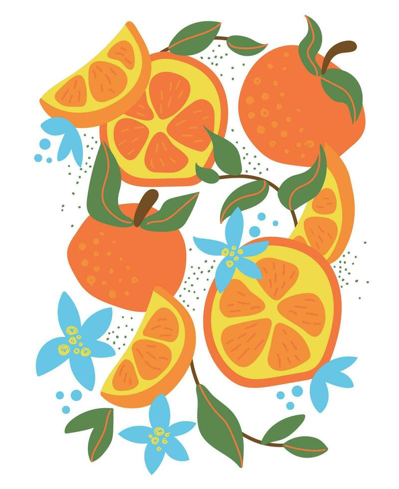 Abstract retro textured poster with orange fruit and flower in modern style. Drawing slice of oranges with blue flower. Vector illustration