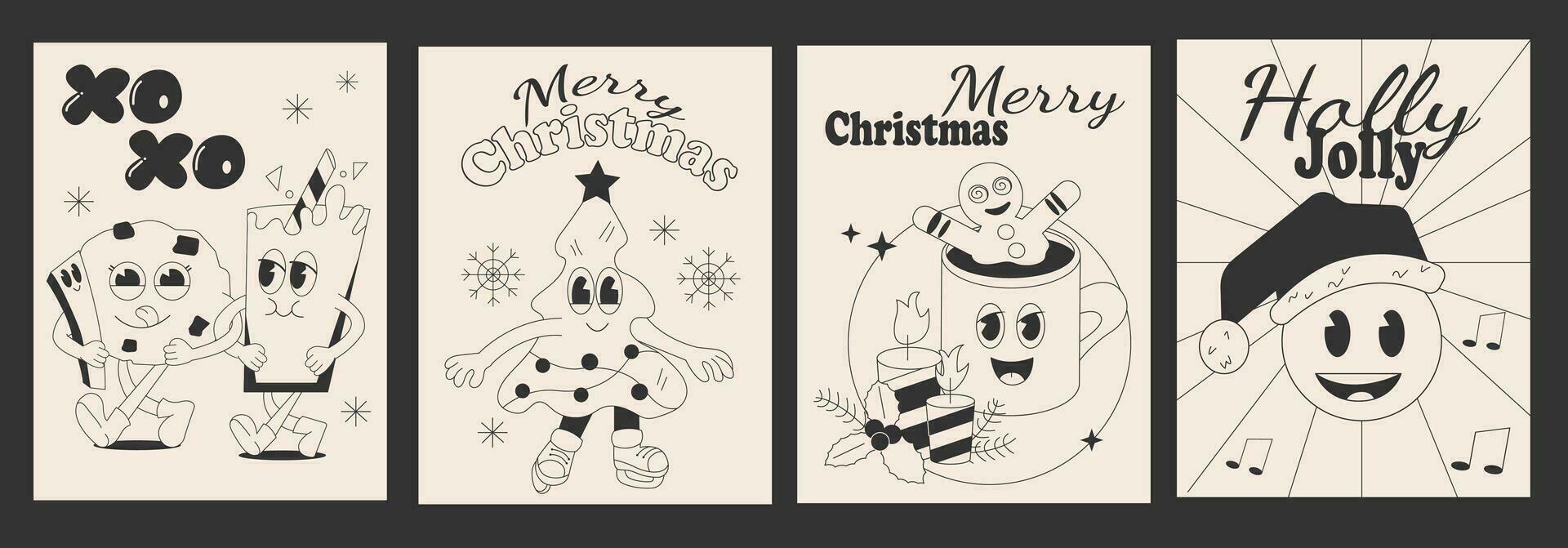 Groovy set posters Christmas. Retro line flier with character xmas tree and cookie in 60s style. Emoji in winter hat and gingerbread in cartoon style vector