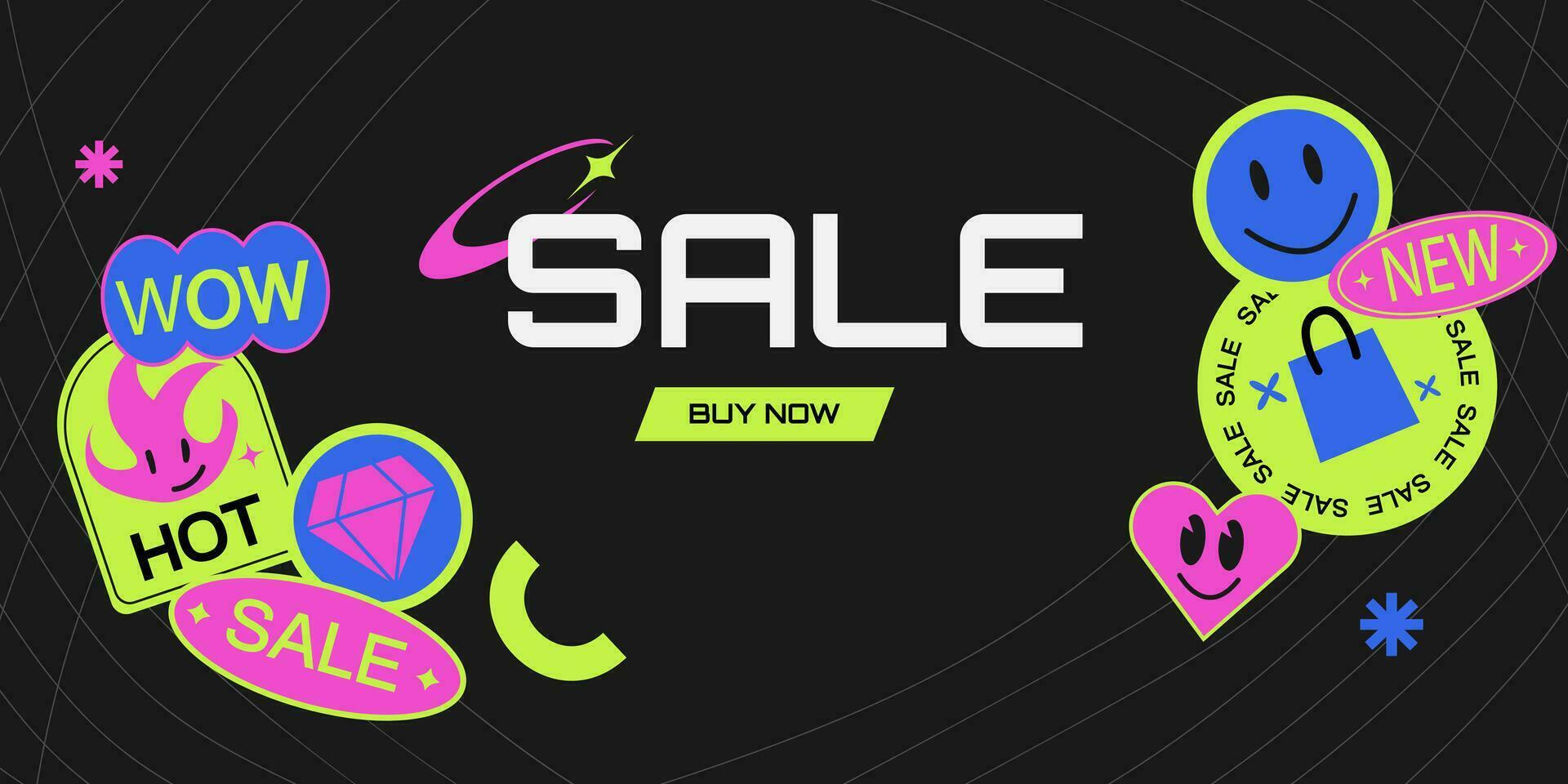 Y2k acid background with cartoon sticker. Bright neon promotion banner. Y2k Patches Collage. Banner for business, marketing and advertising. vector