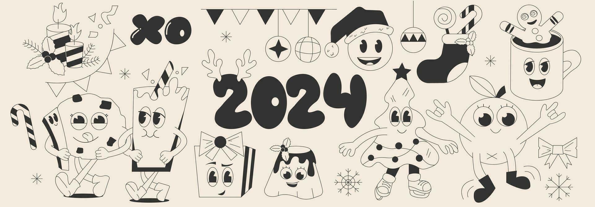 Groove retro set Christmas. Comic cartoon characters and elements. Orange and cookie with milk. Christmas tree, gifts, emoji, candle, gingerbread. vector