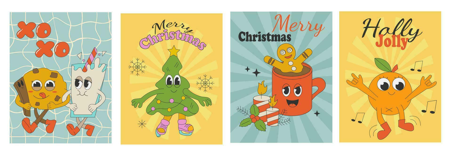 maravilloso hippie Navidad. Papa Noel noel, árbol, regalo, arcoíris, Ho Ho Ho en de moda retro dibujos animados estilo. alegre Navidad y contento nuevo año saludo tarjeta, póster, fiesta invitación vector