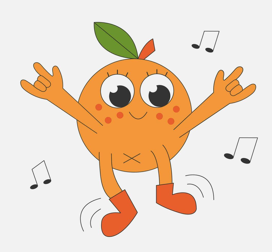 Retro Happy Orange Dancing. Cute fruit character and note in cartoon 60s style. Positive Citrus. Vector illustration