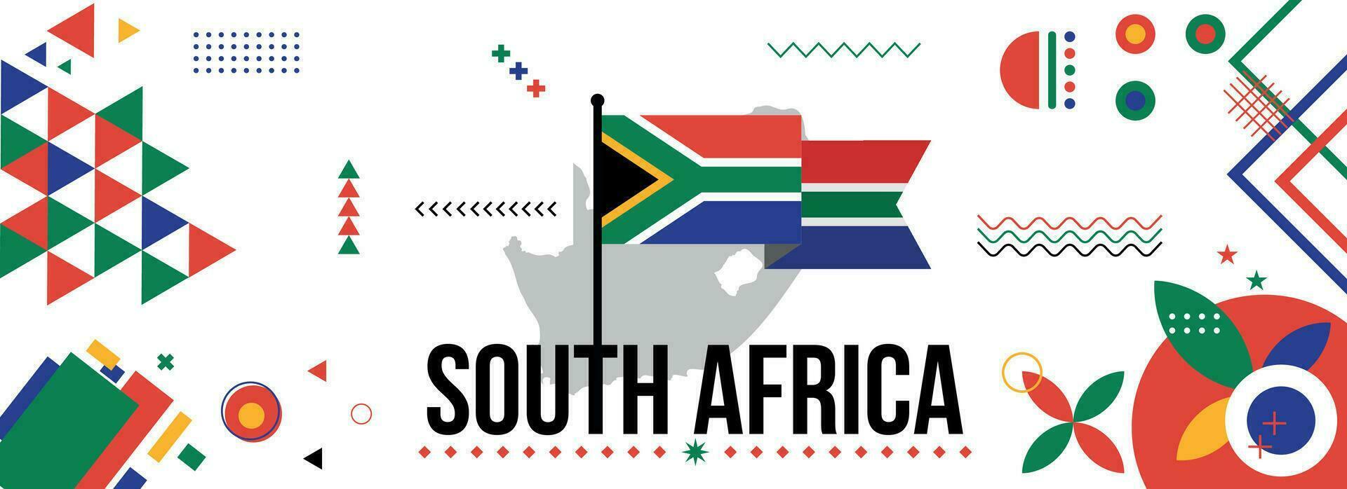 South Africa national or independence day banner design for country celebration. Flag and map of South Africa with modern retro design and abstract geometric icons. Vector illustration