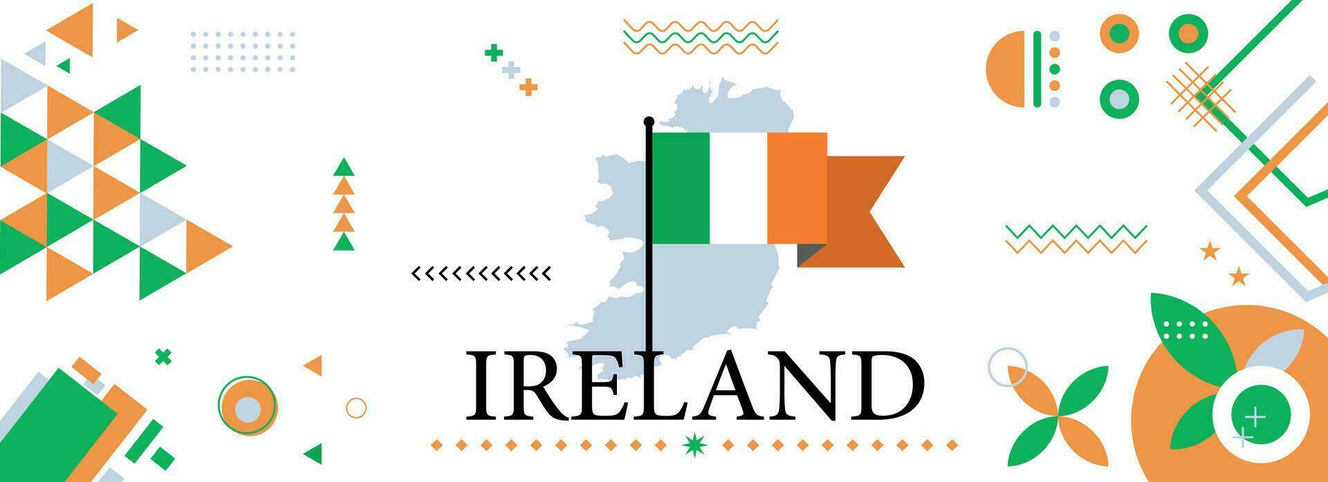 Ireland national or independence day banner design for country celebration. Flag and map of Ireland with modern retro design and abstract geometric icons. Vector illustration