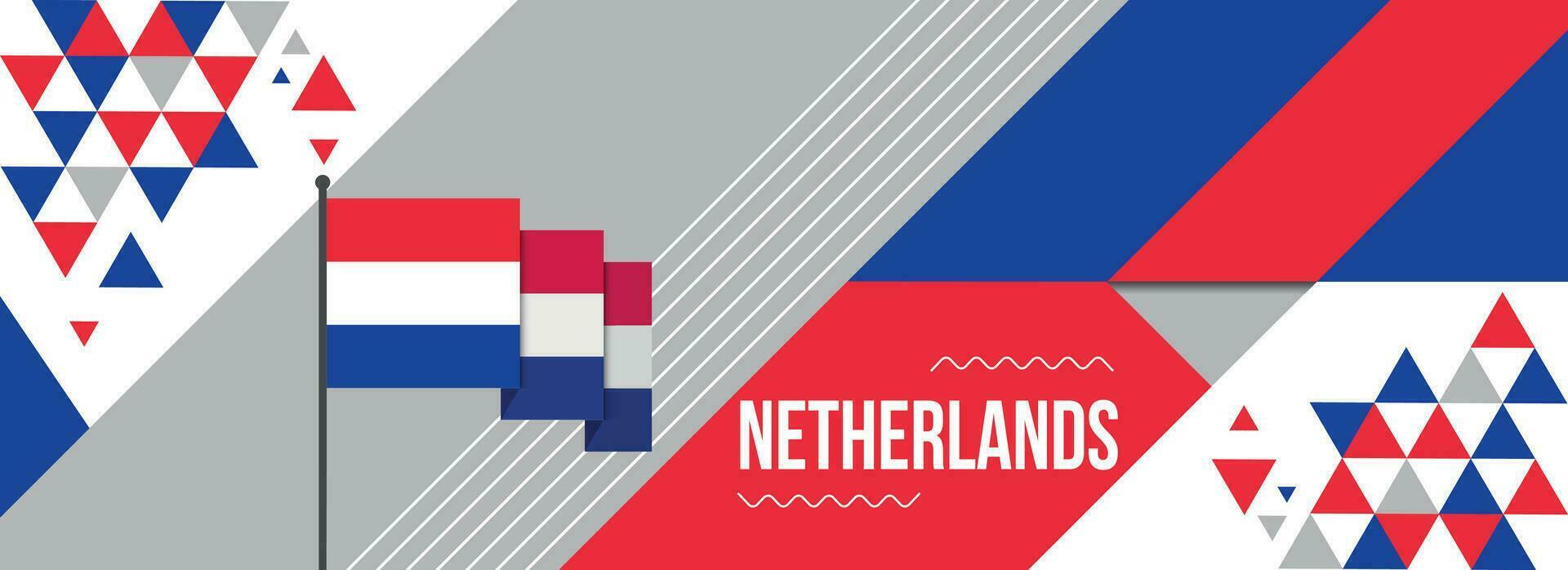 Netherlands national or independence day banner design for country celebration. Flag of Nederland with modern retro design and abstract geometric icons. Vector illustration.