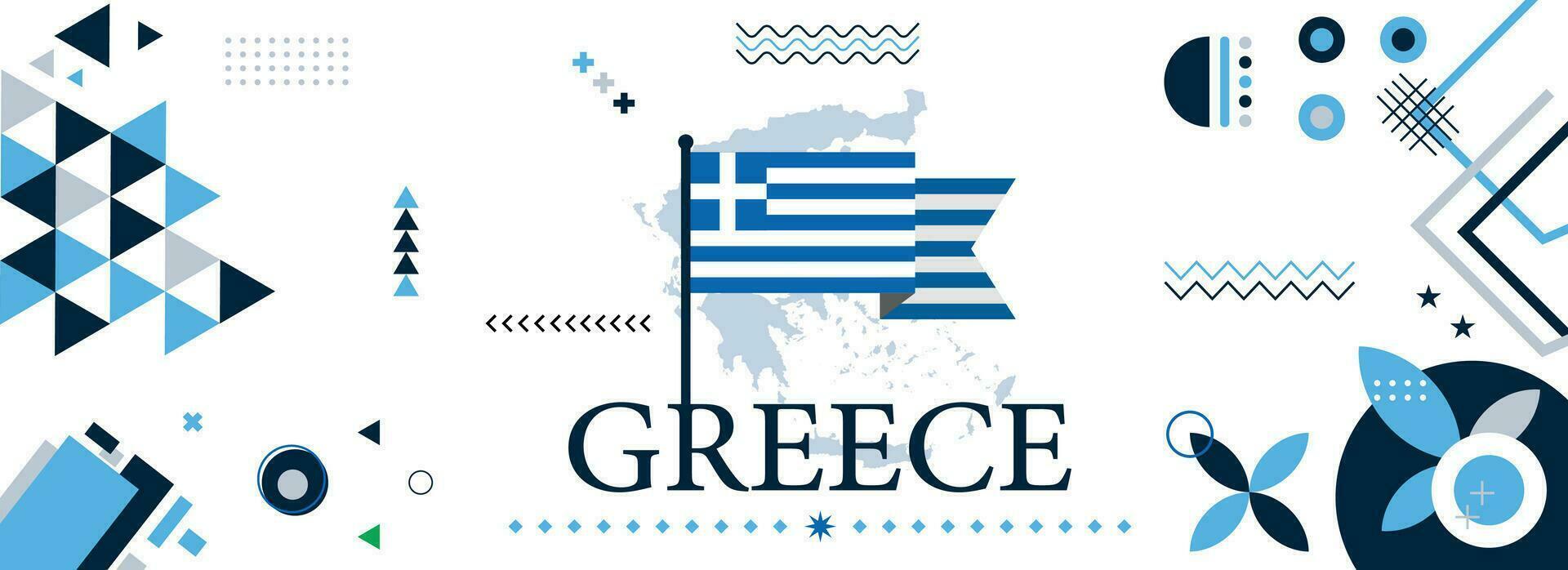 Greece national or independence day banner design for country celebration. Flag and map of Greek with modern retro design and abstract geometric icons. Vector illustration