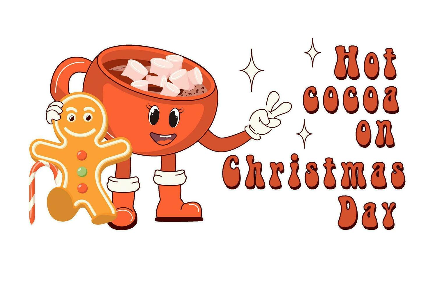 Hot Cocoa for Christmas. Cute hot cocoa mug and ginger man. Retro character in cartoon fashion groovy style. Atmosphere of the 60's and 70's. Merry Christmas and Happy New Year. vector