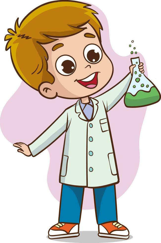 Vector illustration of a boy in a lab coat and glasses holding a flask with chemical liquid