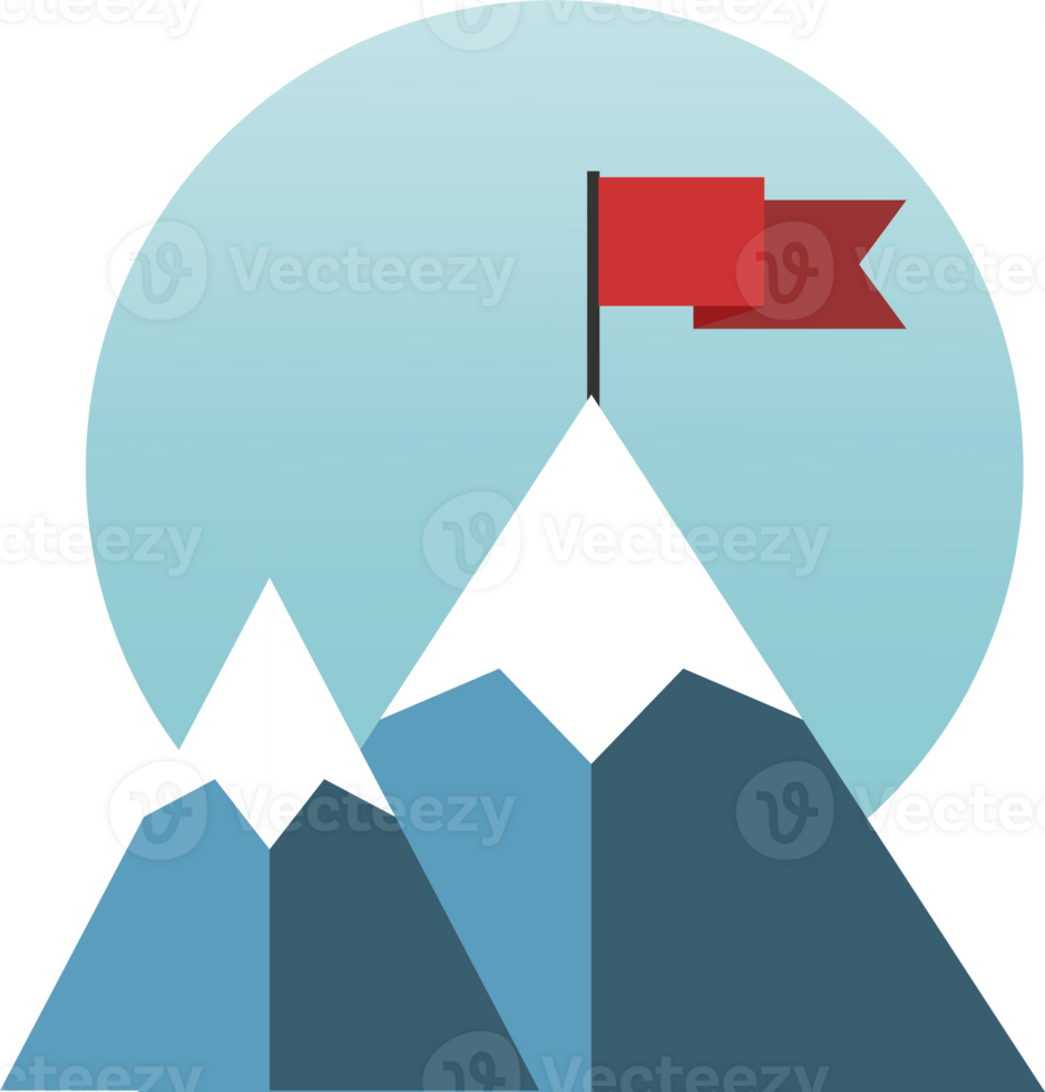 Red flag on mountain peak. Success concept illustration. Transparent background png