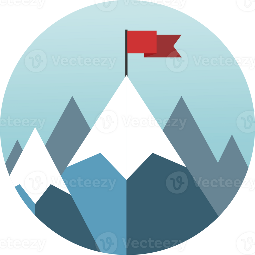 Red flag on mountain peak. Success concept illustration. Transparent background png
