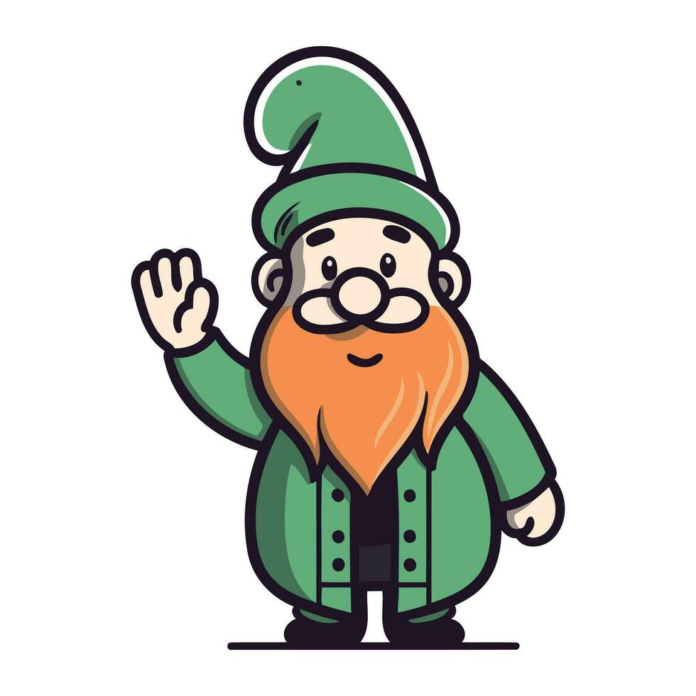 Funny cartoon gnome in a green hat. Vector illustration.