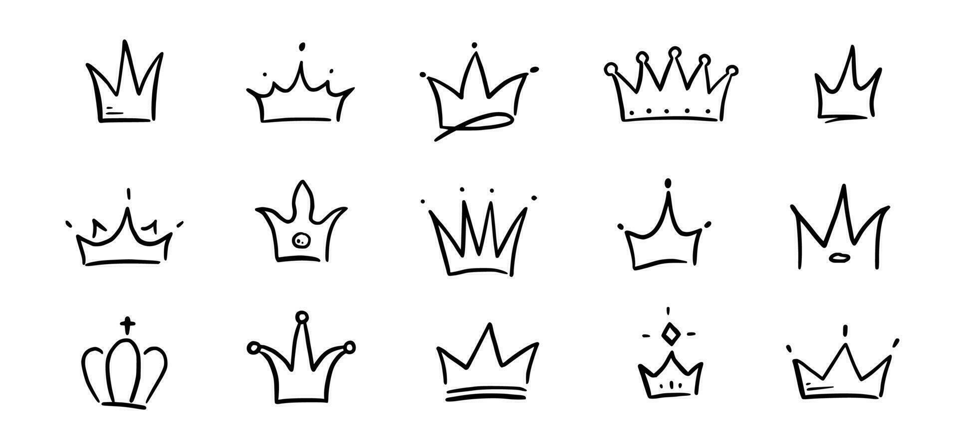 Doodle crown hand drawn set. Doodle princess crown, queen tiara. Line sketch royal element. Queen, king hand drawn simple design element. Isolated vector