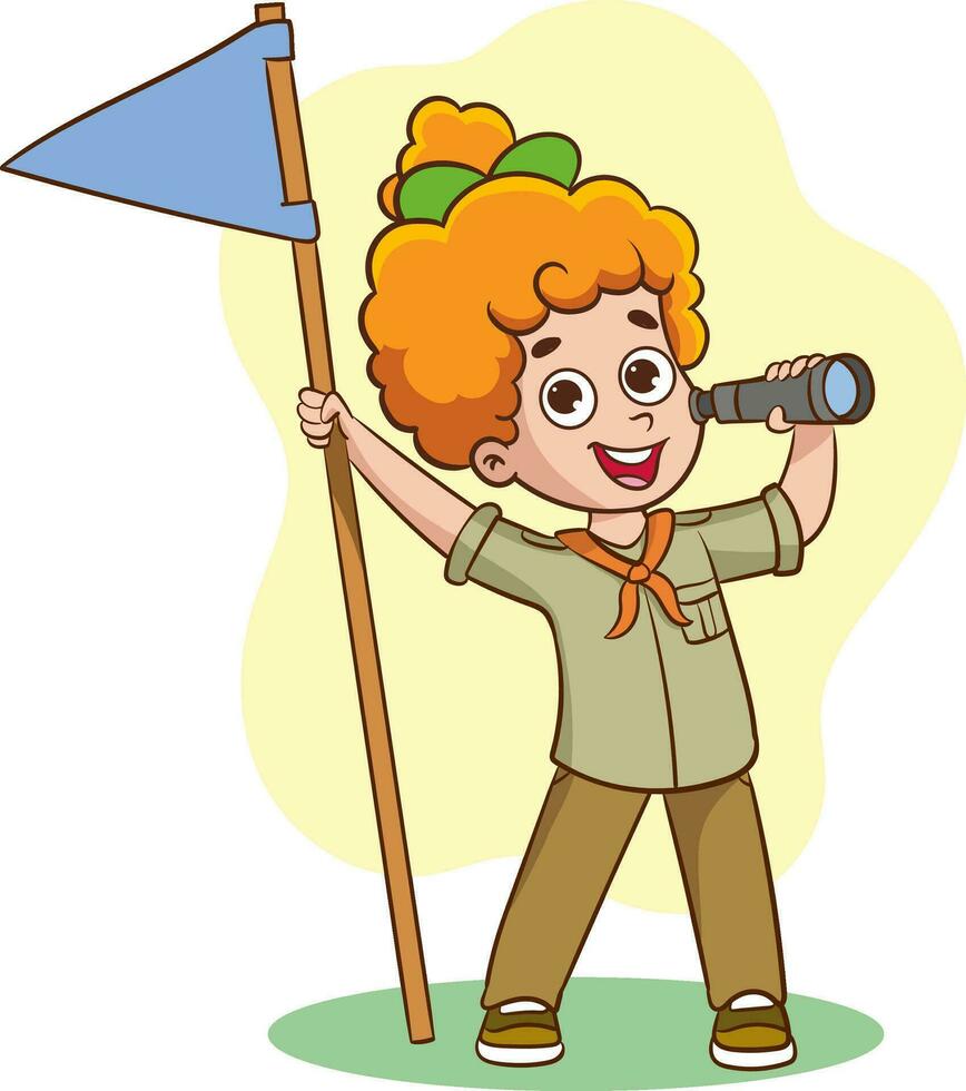 Illustration of a Kid Scout Holding a Flag and Looking at the Camera vector