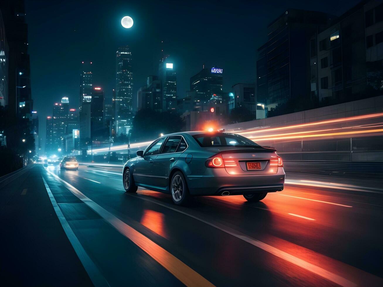 un Moviente coche en el noche ciudad ai generar foto
