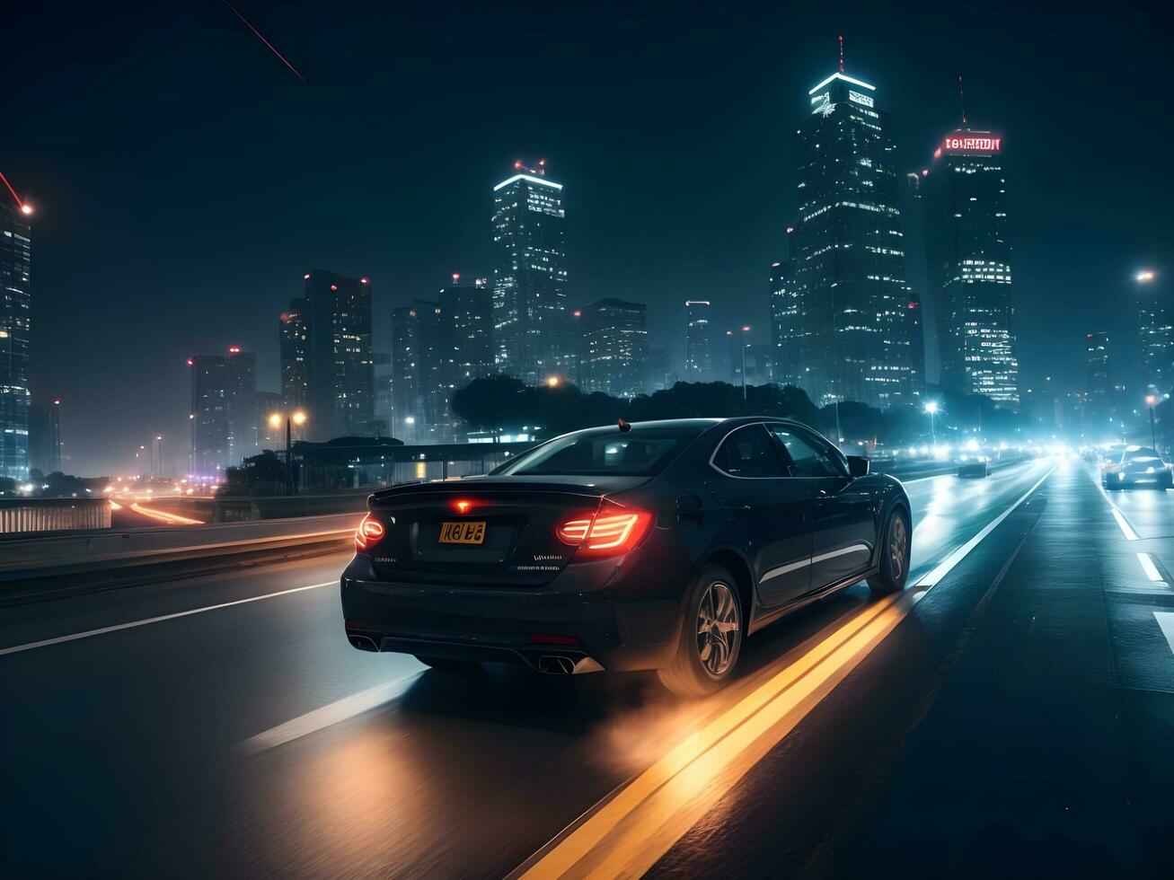 A moving car in the night city ai generate photo