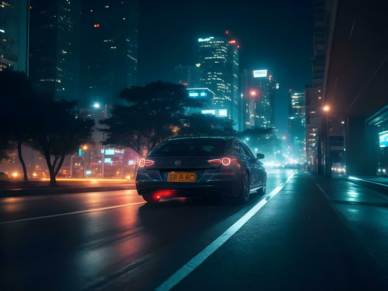 A moving car in the night city ai generate photo