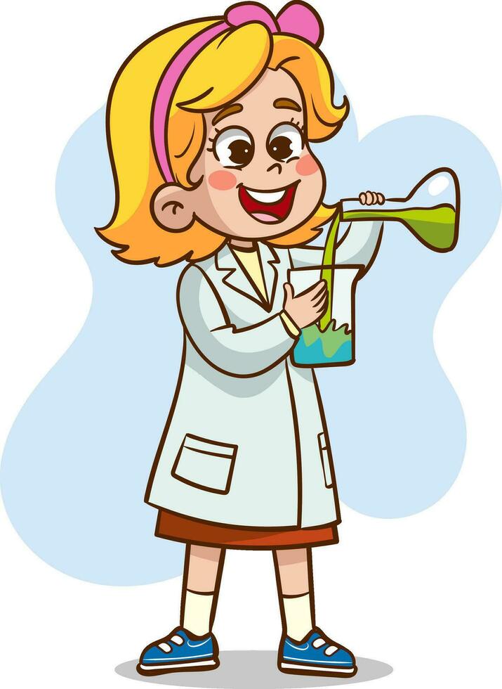 Vector illustration of a children in a lab coat and glasses holding a flask with chemical liquid