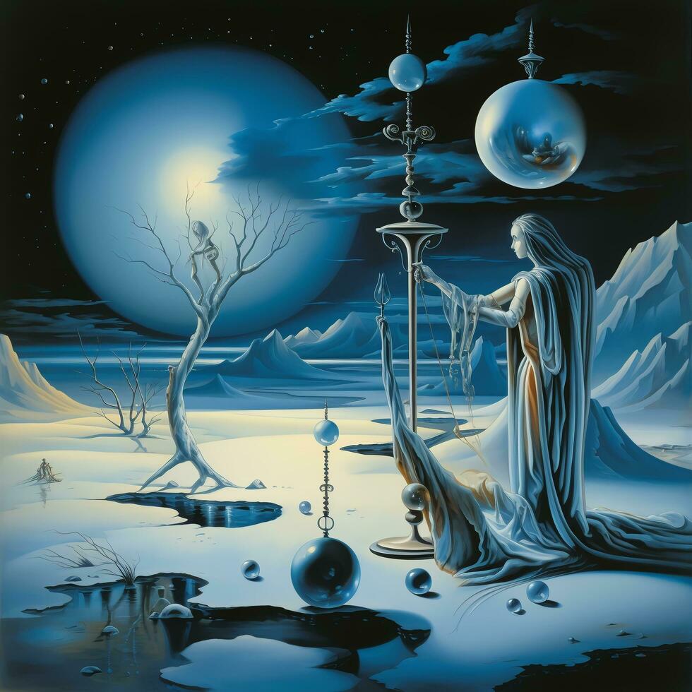 Psychedelic Poster with fantastic landscapes, mystical characters. AI Generated photo
