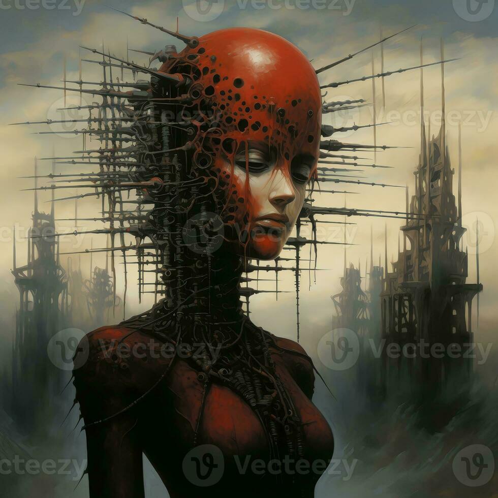 Psychedelic Poster with fantastic landscapes, mystical characters. AI Generated photo
