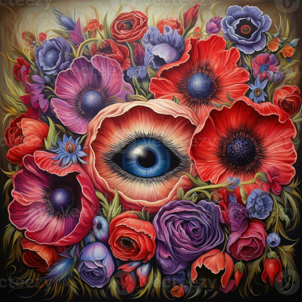 Psychedelic Poster with fantastic landscapes, mystical characters. AI Generated photo
