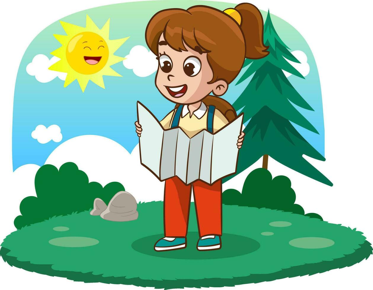 camper girl with a map in the nature. Vector illustration.