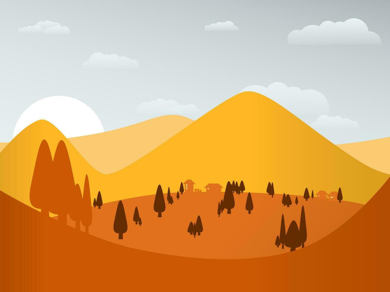 hills scenery landscape in autumn with overcast and cloudy sky vector flat style illustration