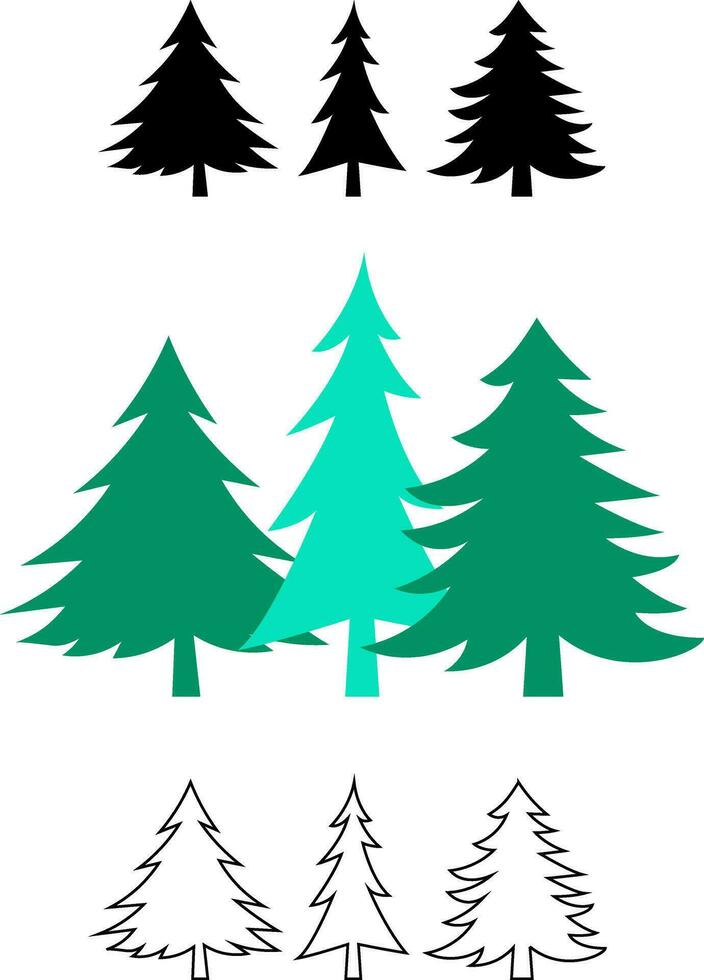 Pine tree icon set pack collection in colored style icon, black solid flat icon, and outline icon vector