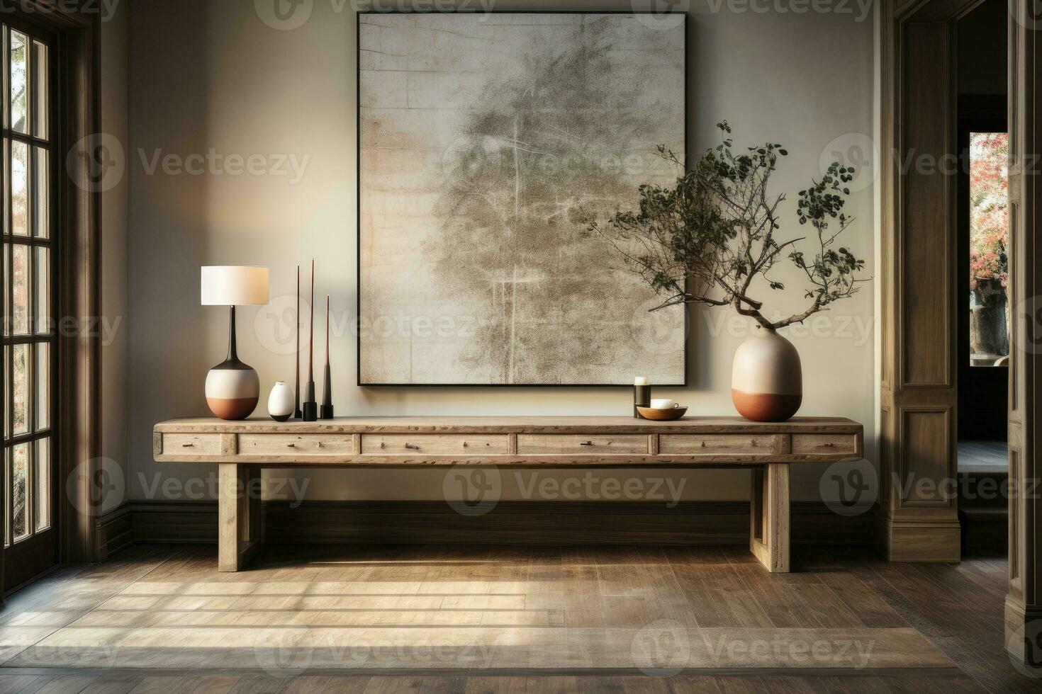 large artwork in center of entryway table AI Generated photo