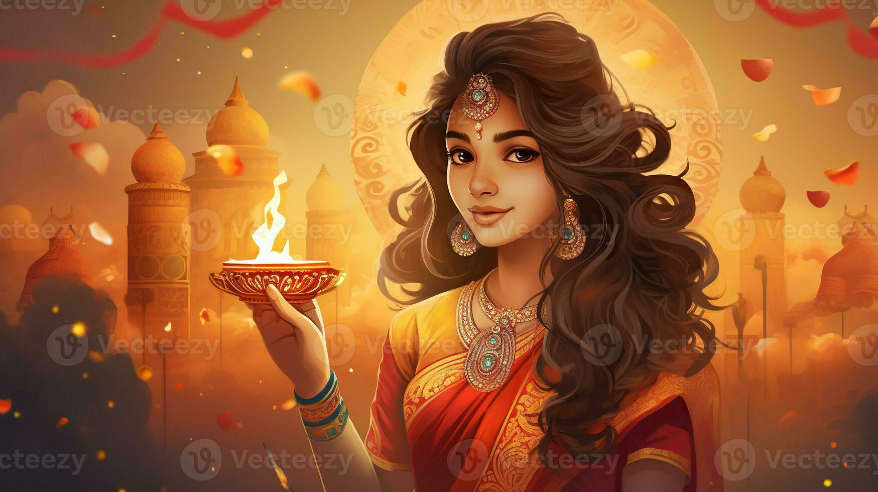 Festival of Lights. Diwali, Festival of Lights. Web banner design with candles and woman. Ai Generated photo