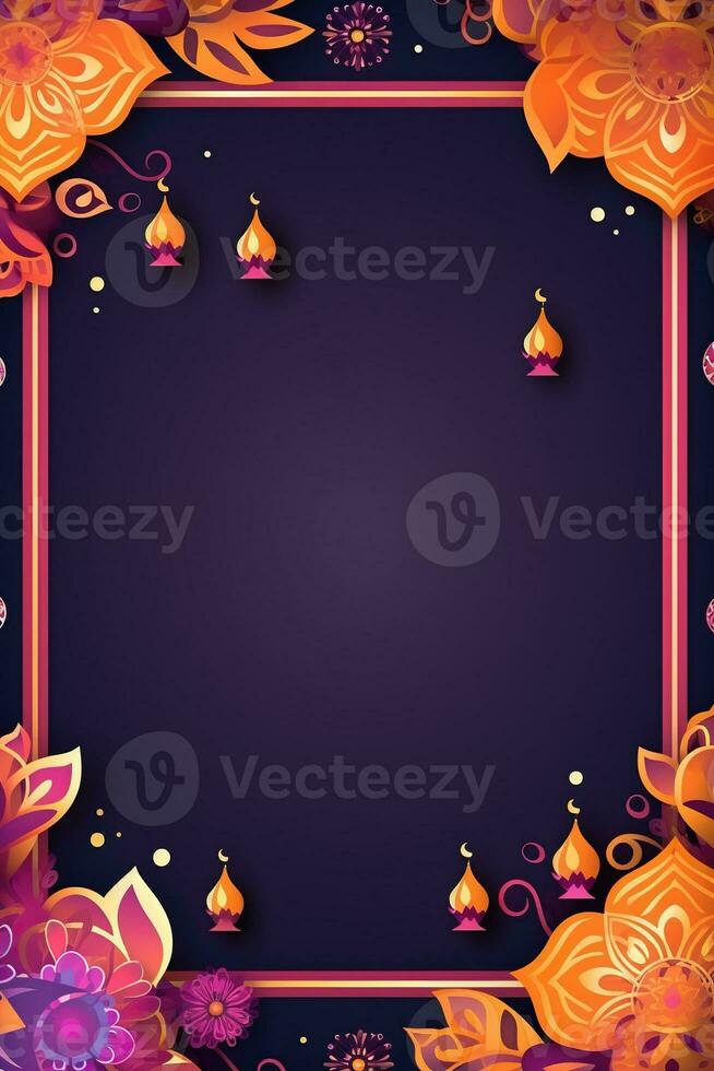Glowing candles for Indian holiday Diwali Festival of lights on purple background. Vertical poster. Ai Generated photo