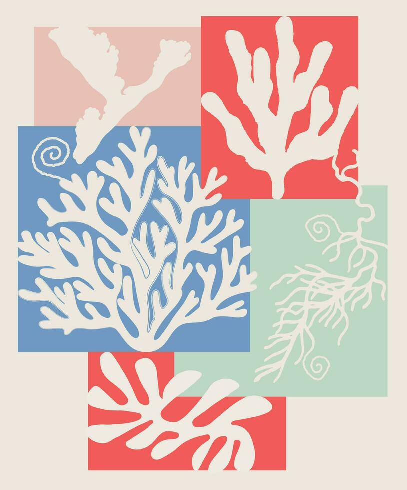 Various corals with colored squares, vector. vector