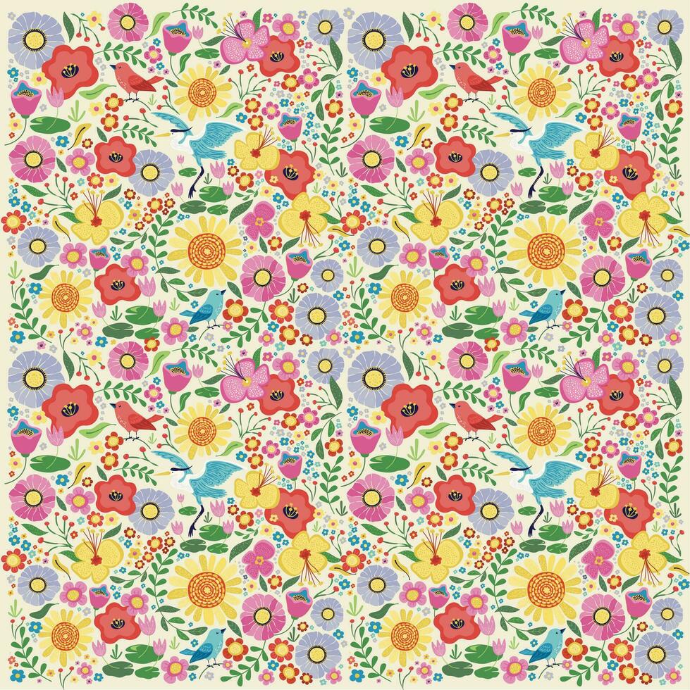 Bright colored spring flowers and birds pattern, vector