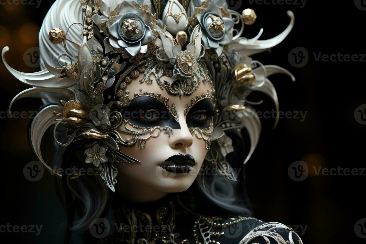 Beautiful woman in black mysterious venetian mask. AI Generated photo