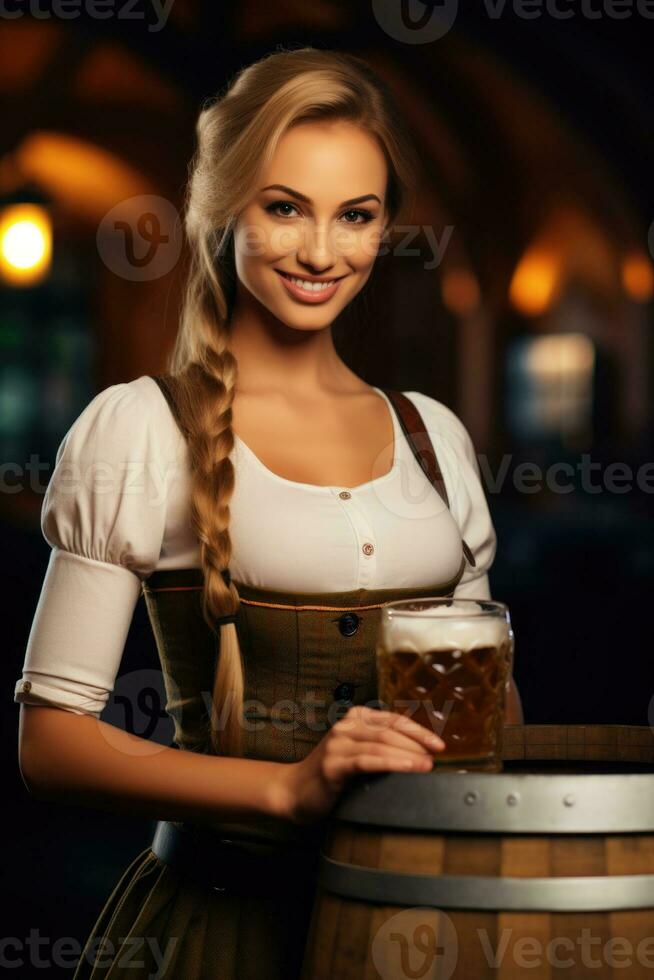 Octoberfest waitress with beer and barrel on bar background. AI Generated photo