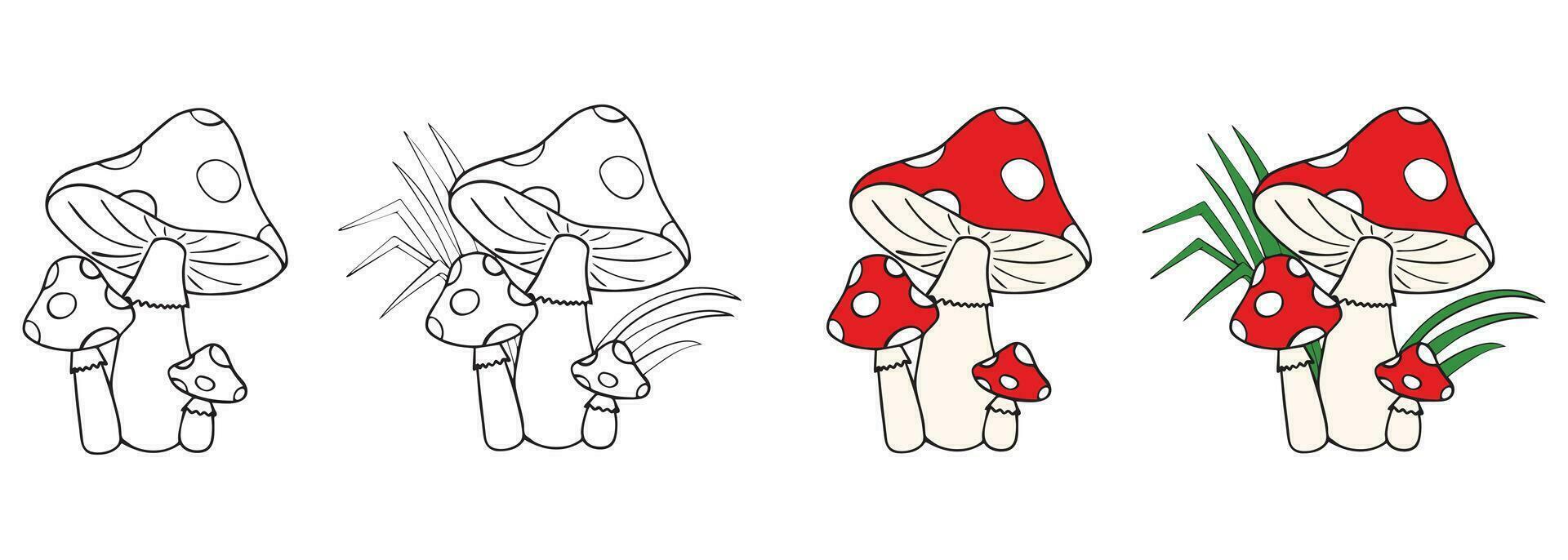 Family of mushrooms with red cap and white dots in the grass. Page for  children's coloring book. Amanita on white background. Vector illustration