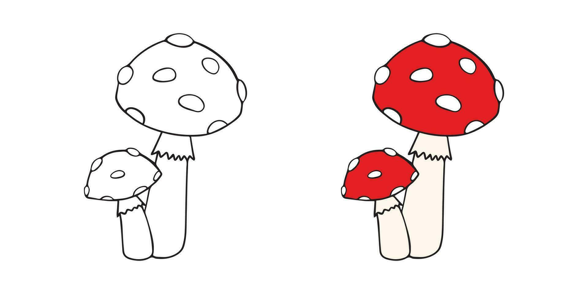 Family of mushrooms with red cap and white dots. Page for a children's coloring book. Amanita on white background. Vector illustration