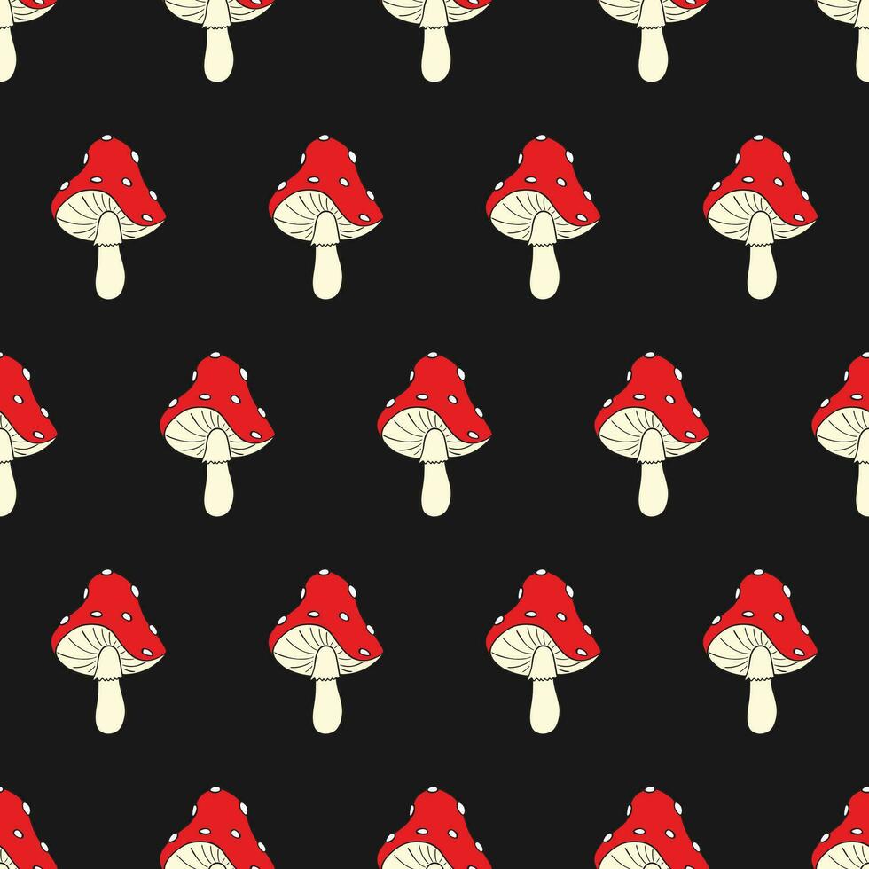 Mushroom seamless pattern. Amanita Muscaria fly agaric texture design for textile, wrapping paper. Magic wonderful mushroom backdrop. Vector illustration on black background