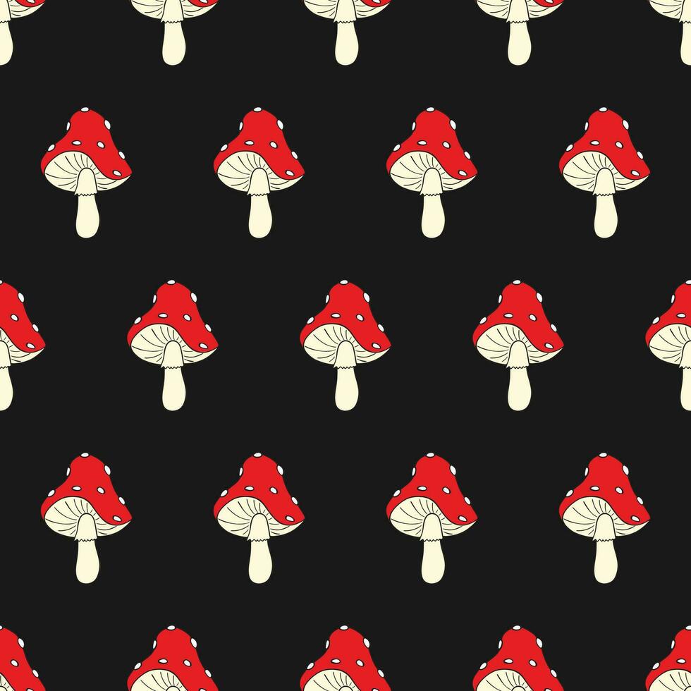 seta sin costura modelo. amanita muscaria mosca agárico textura diseño para textil, envase papel. magia maravilloso seta fondo. vector ilustración en negro antecedentes