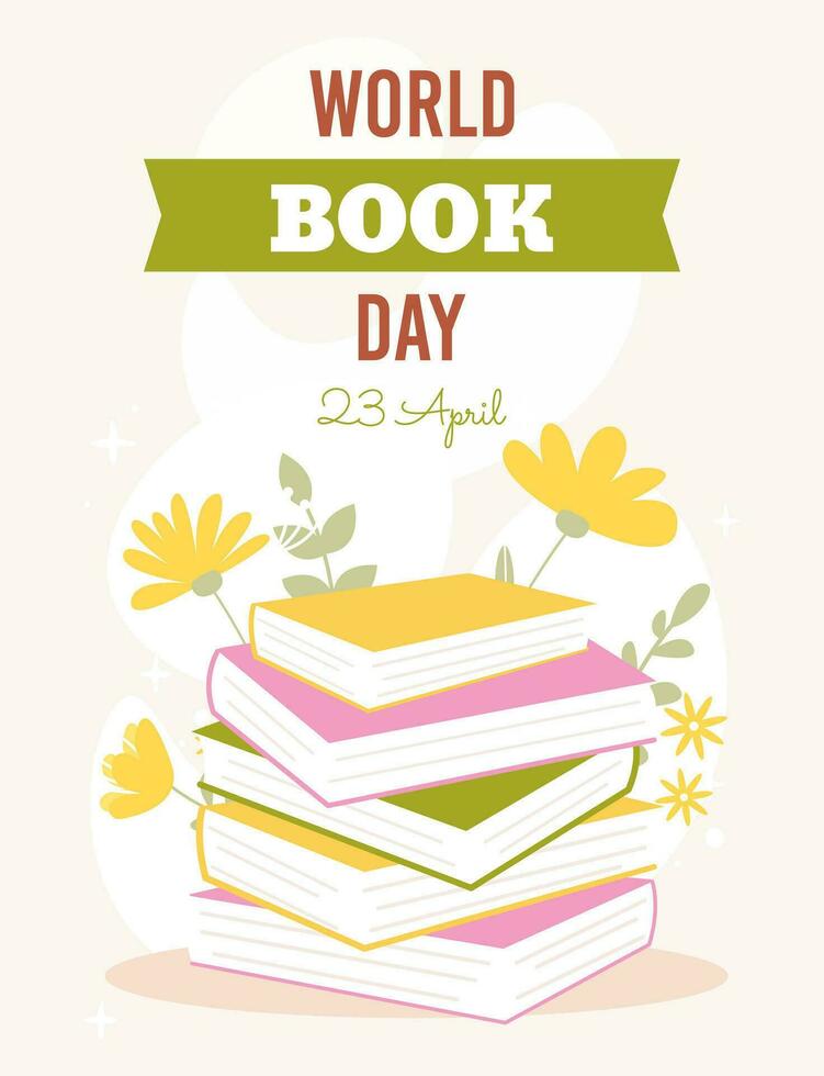 World book day vector illustration with stack of books on floral background. Flat cartoon style. Perfect for poster or banner