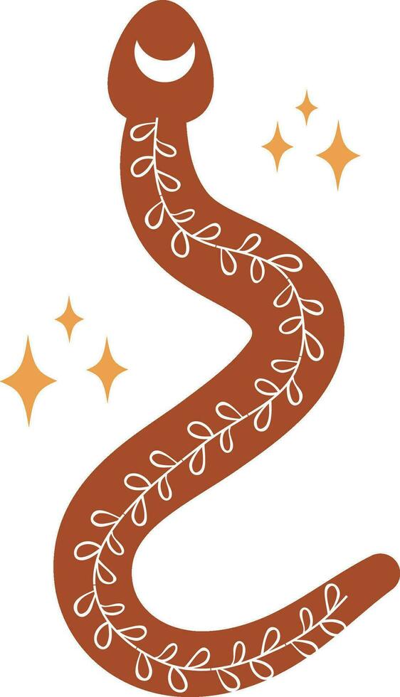 Cute boho snake vector illustration isolated on white background. Celestial snake with leaves branch, moon and stars