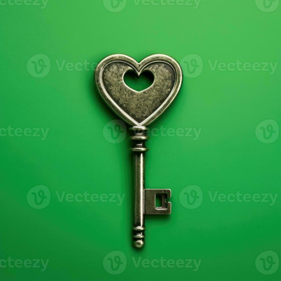 Key heart shape on green background. AI Generated photo