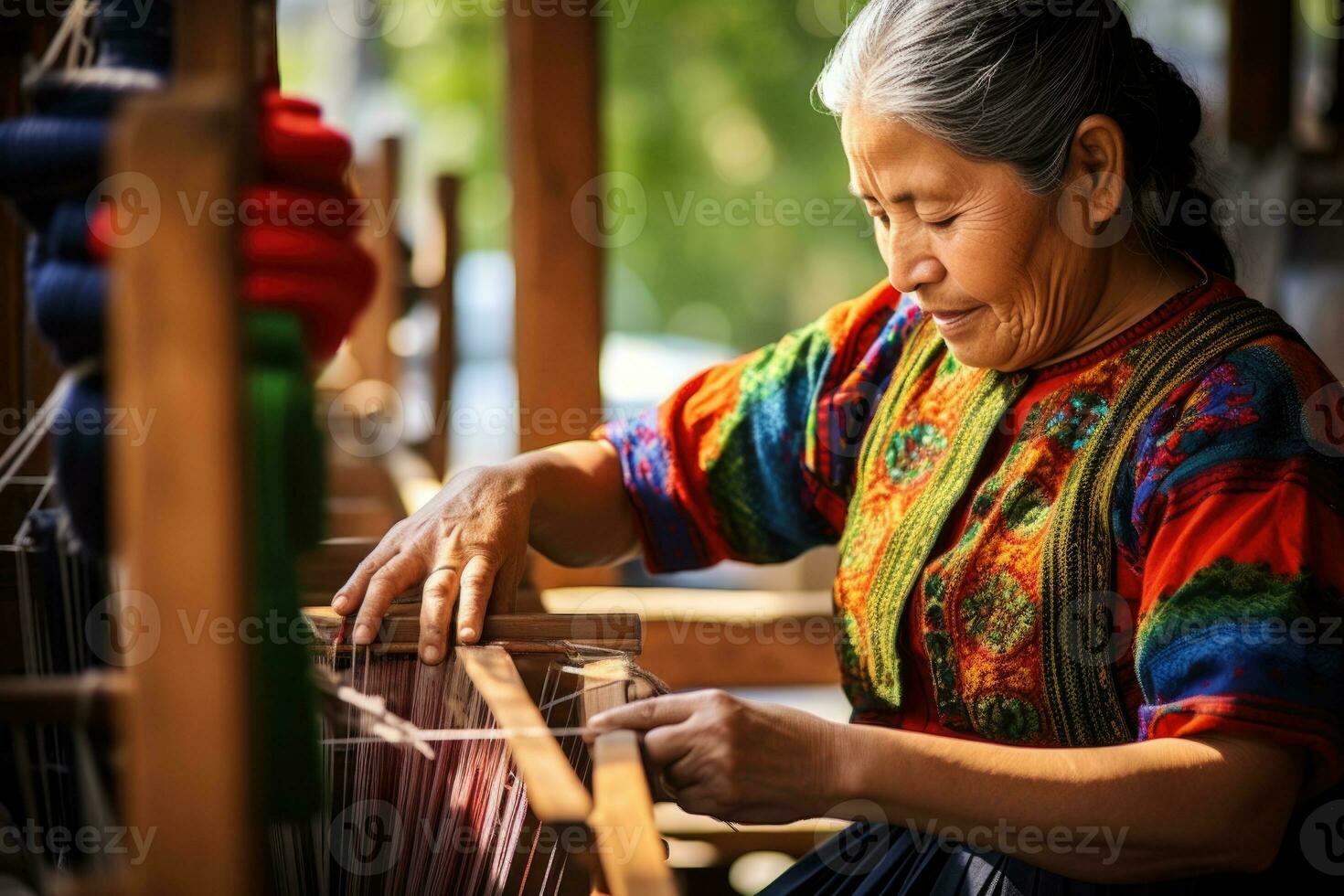 Master weaver is weaving fabric . AI Generated photo